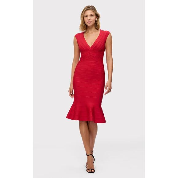 New HERVE LEGER The Sophie Bodycon Dress in Lipstick Red Medium - Picture 1 of 13